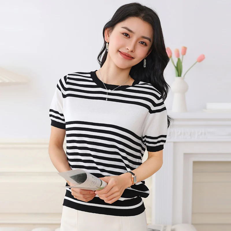 

Women's Summer Casual T-Shirt 100% Pure Cotton Knitted round Neck Short Sleeve Loose Striped Pullover Top Cool