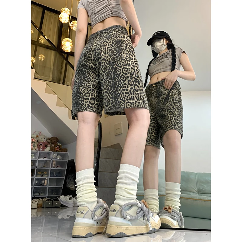 Vintage Leopard Camouflage Casual Fashion Shorts Men and Women Straight Versatile Niche Short Pants Female Summer