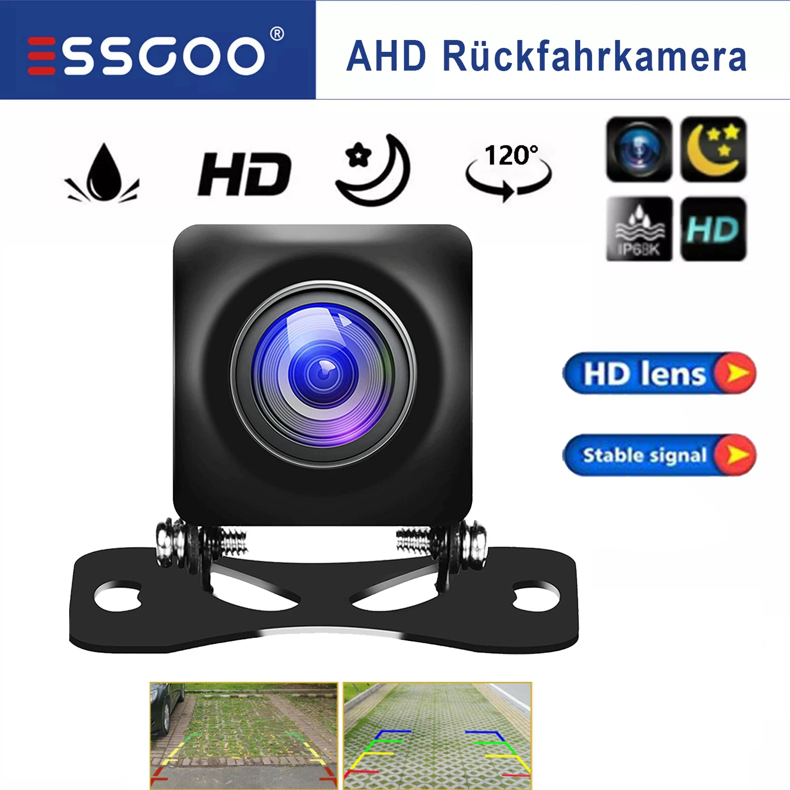 ESSGOO AHD Universelle Auto-Rückfahrkamera Nachtsicht Auto-Rückansichtkamera IP68 Wasserdicht 120° °   Weitwinkelansicht