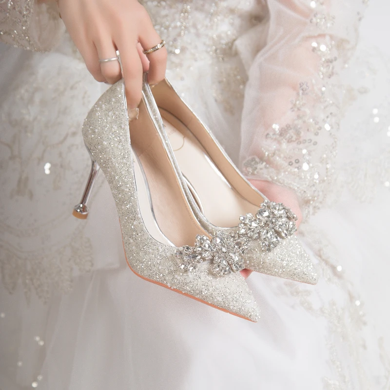 Silver Wedding Shoes Spring Summer High Heels Women's Thin Heel Engagement Crystal Shoes Fashionable Elegant Style Glittering