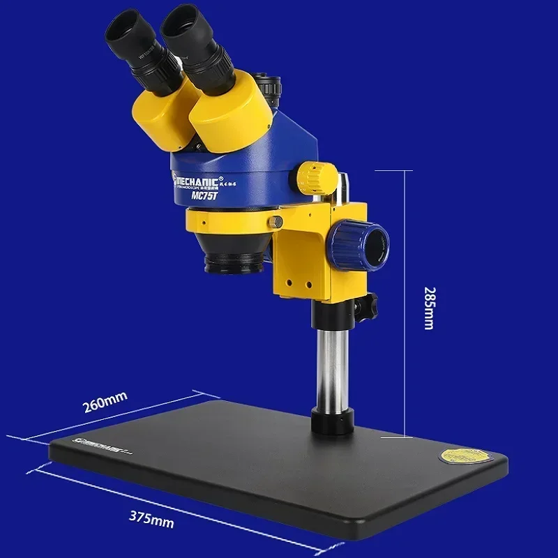 Microscopio estéreo Trinocular Industrial mecánico MC75T-B1 MC75T-B3, Zoom continuo 7-45X para placa, plataforma de observación PCB