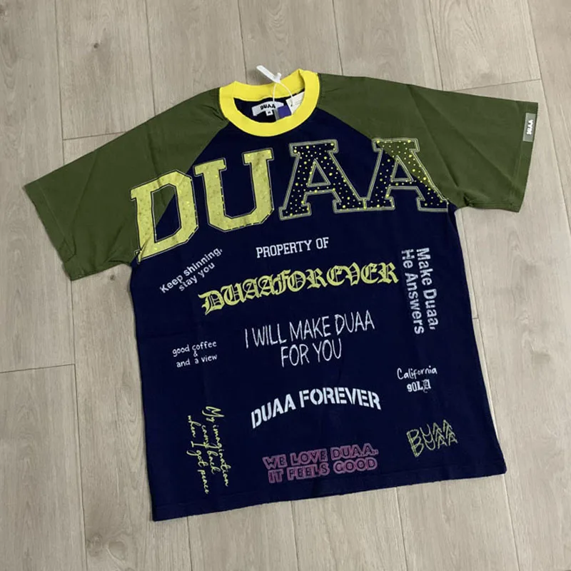 Man Woman Contrast Raglan Vintage Washed DUAA Tees Letter Print Rhinestone Decor Fashion Duaa Short Sleeved T-shirts
