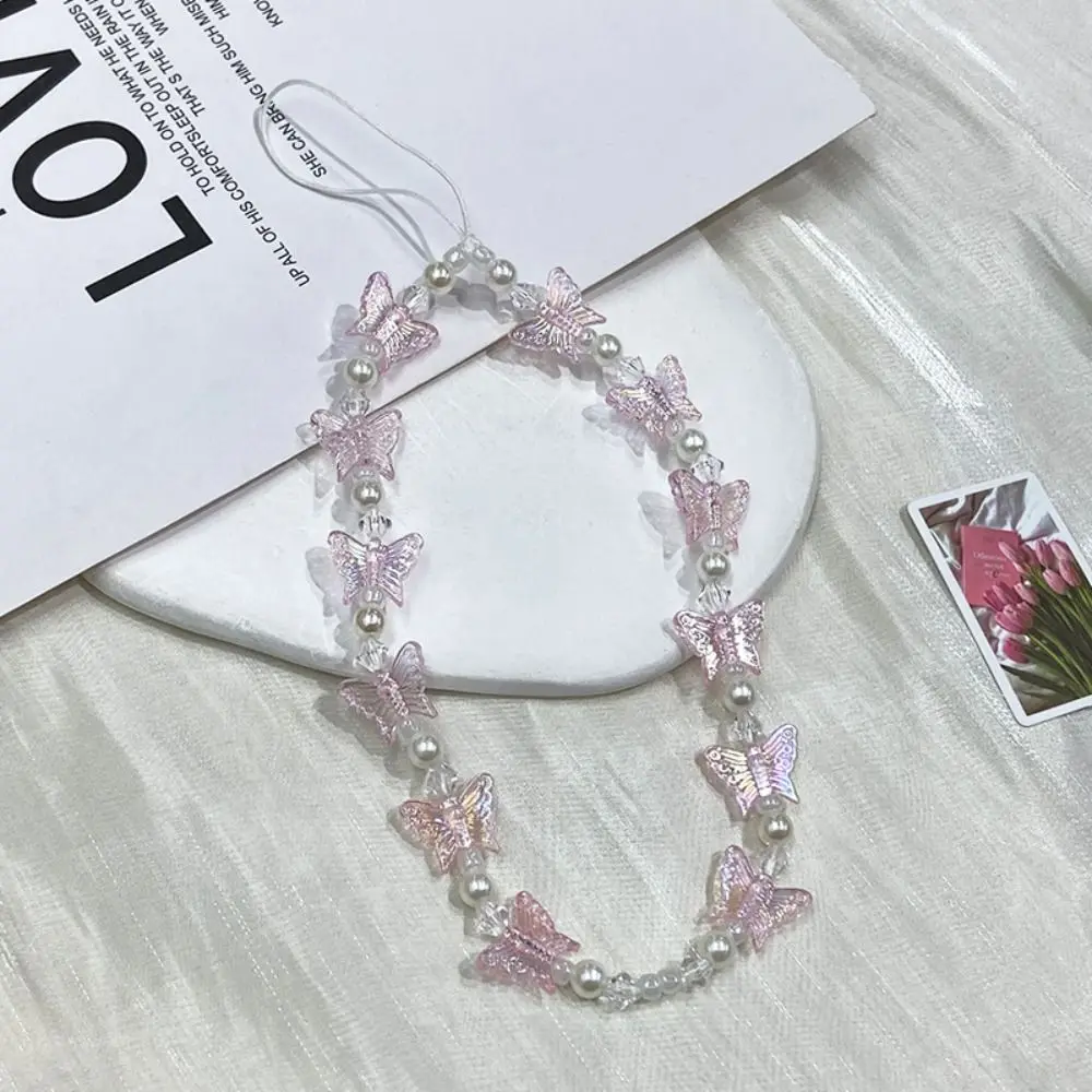 Butterfly Beaded Butterfly Cellphone Lanyard Anti-lost Crystal Clear Candy Colors Cellphone Keychain Colorful Cute