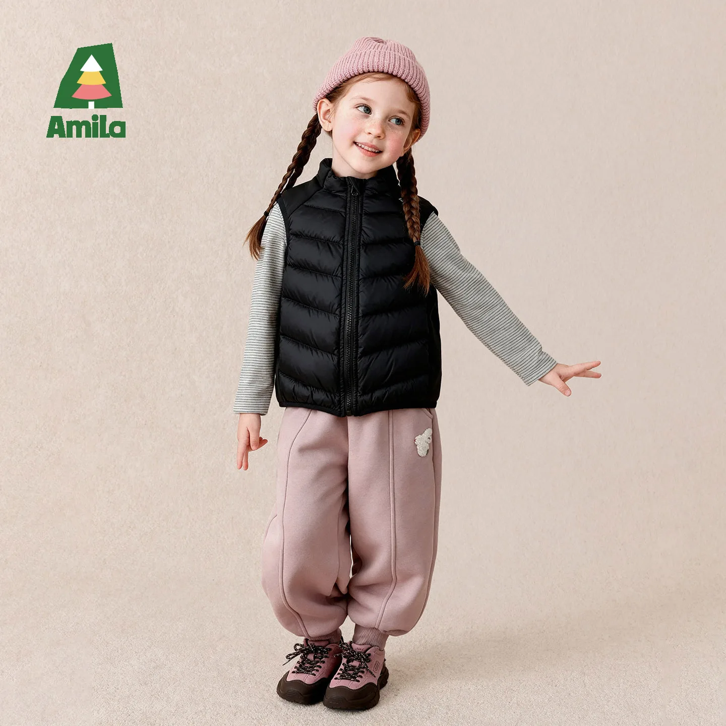 Amila 2026 Winter New Children's Down Vest Stand-Collar Lightweight Quilted Filling Warm Overlay Shirt