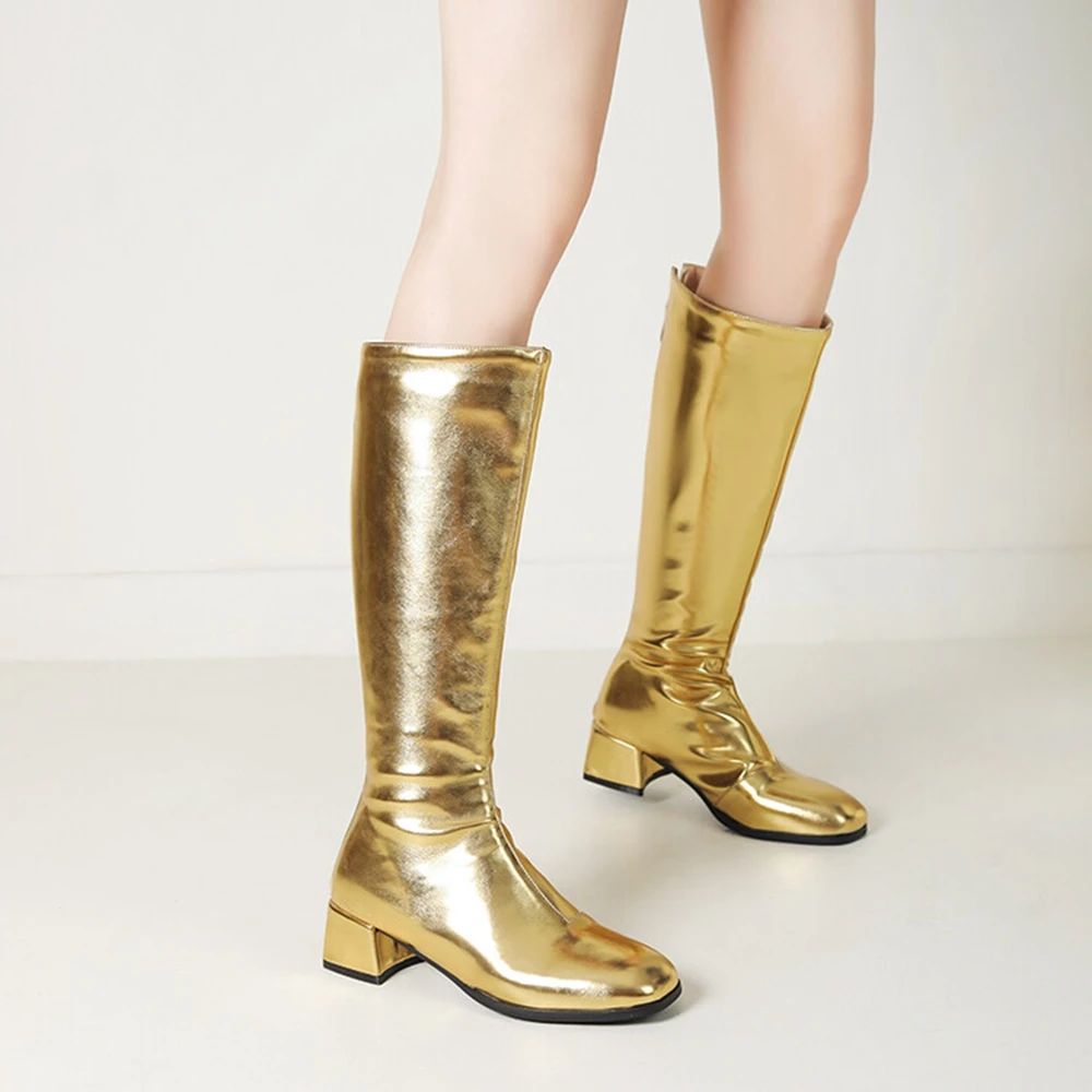 Knee High Boots Women Autumn Winter Elegant Retro Back Zip Thick High Heels Dance Gold Silver Long Boots Big Size 45 46 168-19