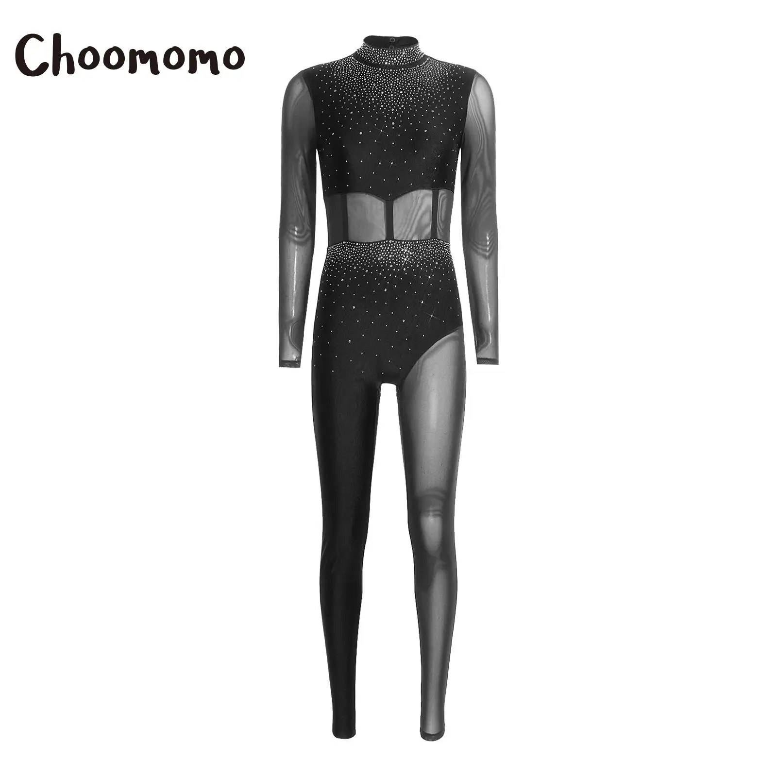 Damski strój baletowy, gimnastyczny, unitard, body z dżetami, przezroczysta siateczka, strój do łyżwiarstwa figurowego, body na występy.