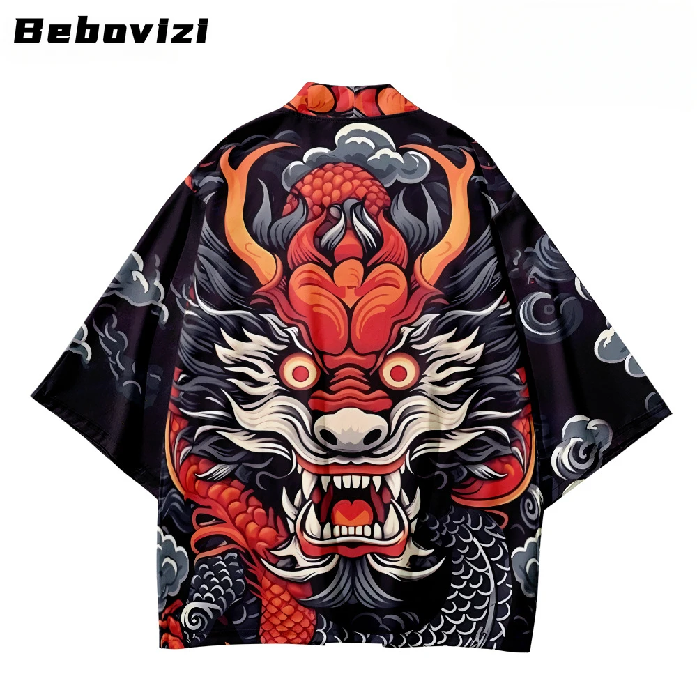 Bebovizi Chinese Cartoon Dragon Print Tradition Style Kimono Casual Women Cardigan Yukata Streetwear Men Asian Clothing