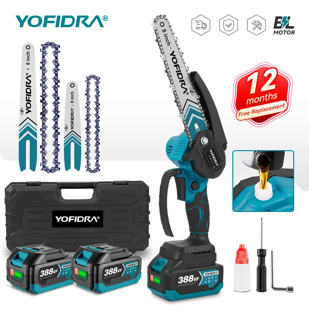 YOFIDRA 8&6 Zoll Bürstenlose Elektrische Akku-Astsäge Kabellose Wiederaufladbare Holzbearbeitungssäge Elektrowerkzeug für Makita 21V Akku