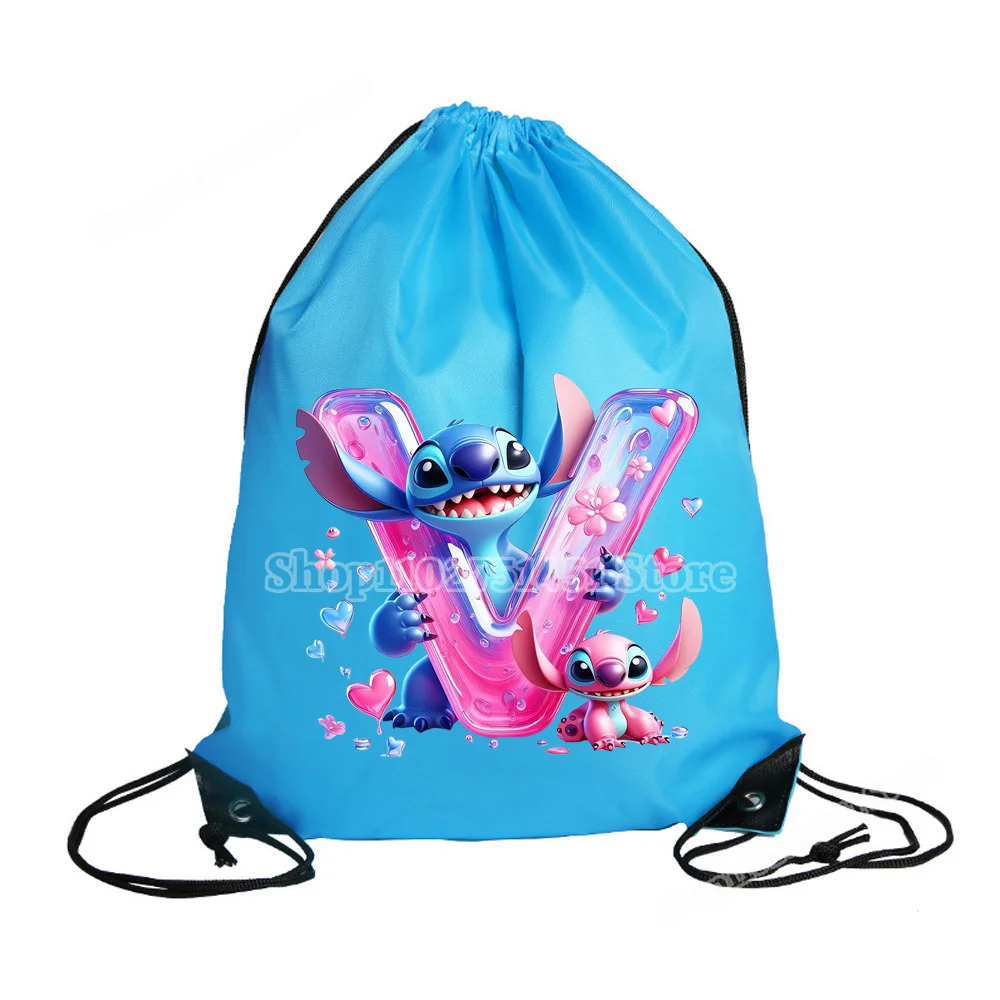 Disney Stitch Letter A-Z Print Drawstring Backpack Polyester Fiber Draw String Bags Men Women Gym Sport Mochila Portable Pouch