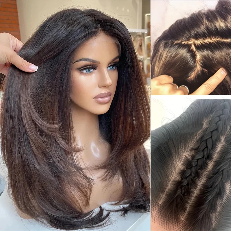 

28" Long Soft Ombre Brown Straight 5x5 Silk Base Glueless Jewish Human Hair Wig With Babyhair HD Lace European Hair Preplucked