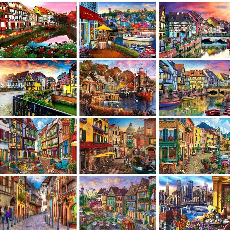 

GATYZTORY DIY Painting By Numbers With Frame Colorful City Town Landscape Gift For Adults Handicrafts On Canvas Kill Time Artwor