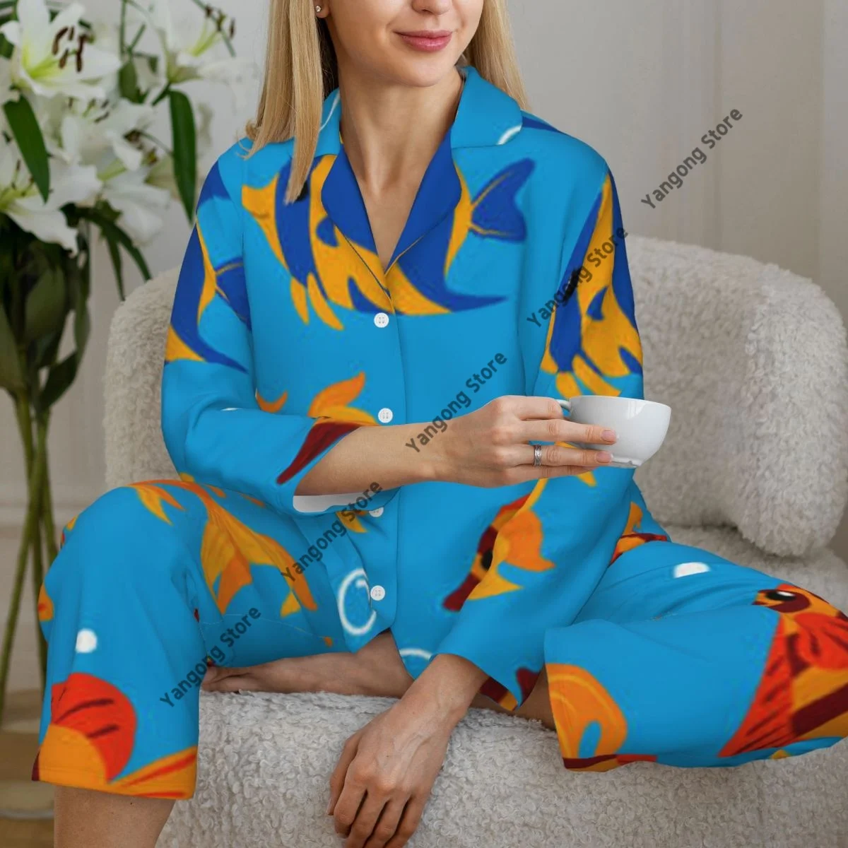 Spring and Autumn Long Sleeve Pants Pajamas Loungewear Set Fish Pattern Women's Pull Edge Loose Sleeping Suit