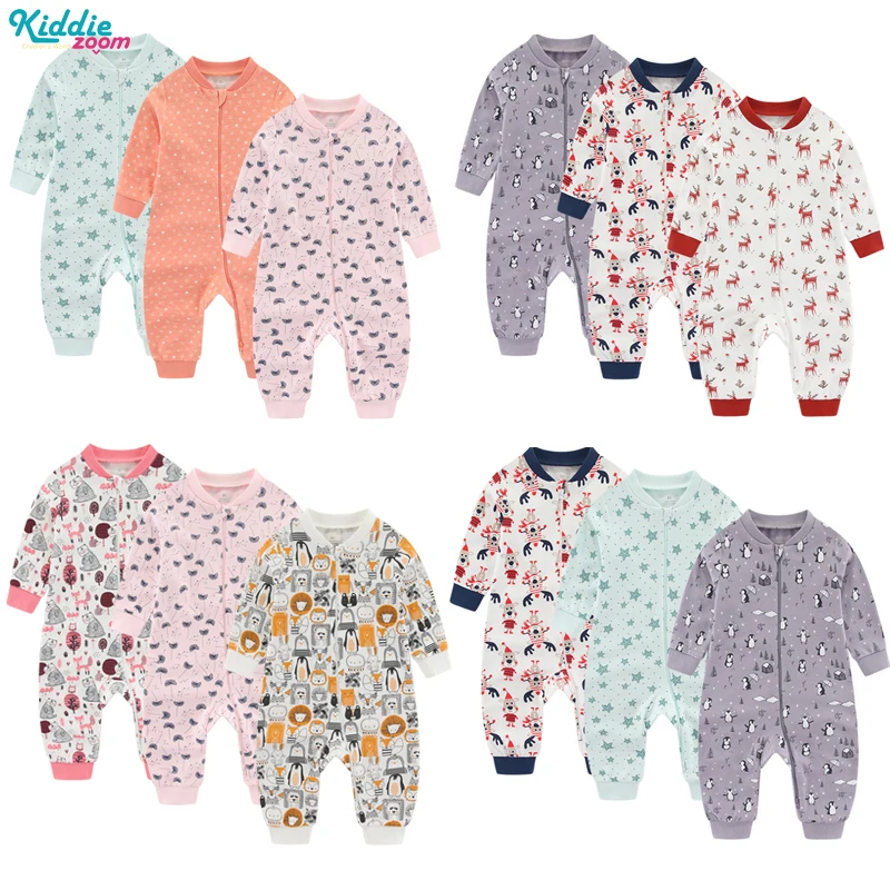 2-Way Algodão Zipper Romper para o bebê recém-nascido, macacão de manga comprida, pijama confortável, macacão respirável, 0-24 meses