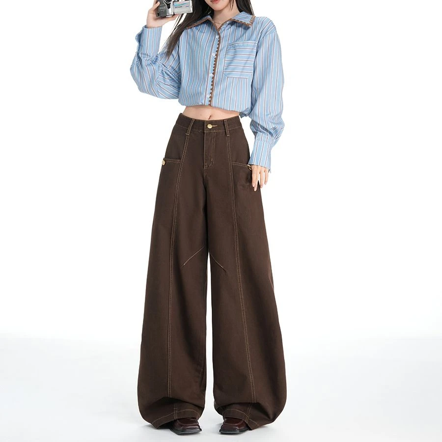ZHISILAO nouveau marron jambe large Baggy jean femmes Vintage décontracté taille haute longueur de plancher Denim pantalon Streetwear automne hiver 2025
