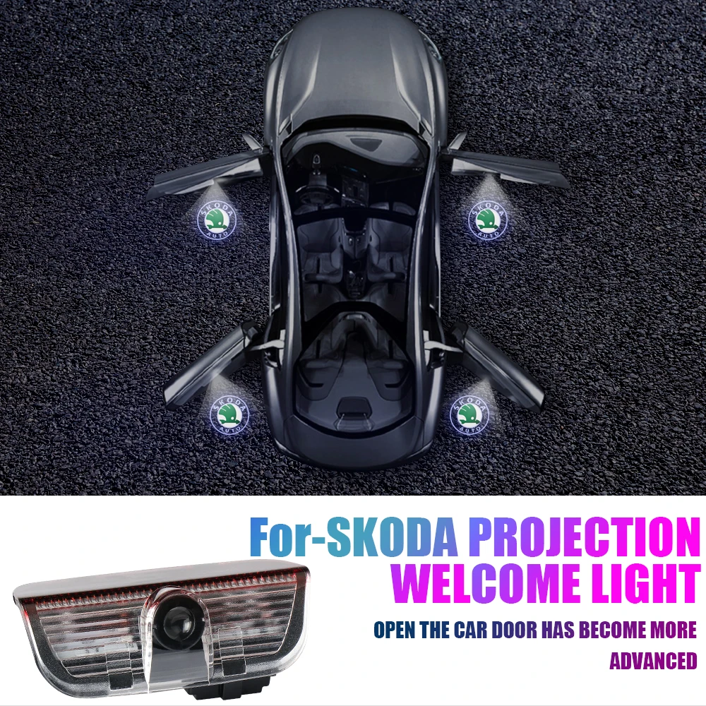 For Skoda Octavia Fabia Rapid Yeti Superb A5 A7 VRS VII 2pcs HD Projector Lamp Car Door Wireless Welcome Light LED Decoration