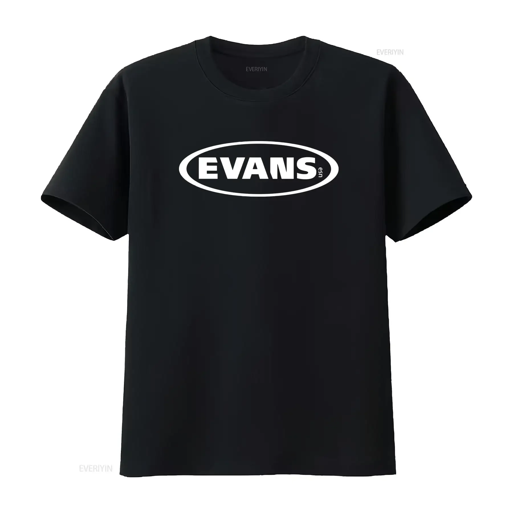 T-shirt imprimé logo EVANS Drumheads disponible en tailles S M L XL XXL, options noir et blanc, style vintage délavé, vêtements de créateur, doux