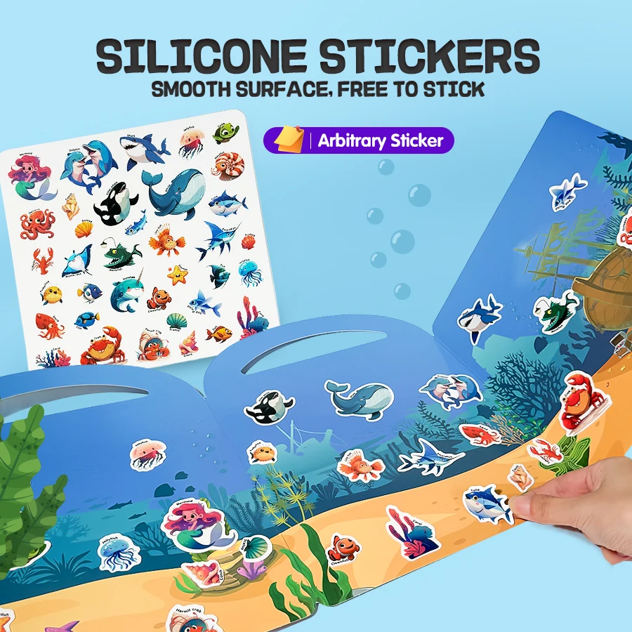 Children\'s Waterproof Cartoon Sticker Toy Book, Washable and Reusable Stickers, Animal, Fruit Garden, Dinosaur, Transportation, Human Body Themed