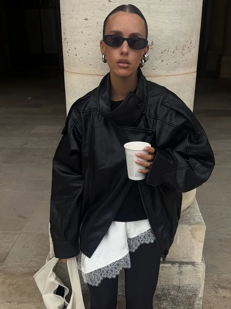 HH 女性秋のファッションジャケット非対称ボタンポケット長袖黒ルーズジッパージャケット女性ハイストリートコート