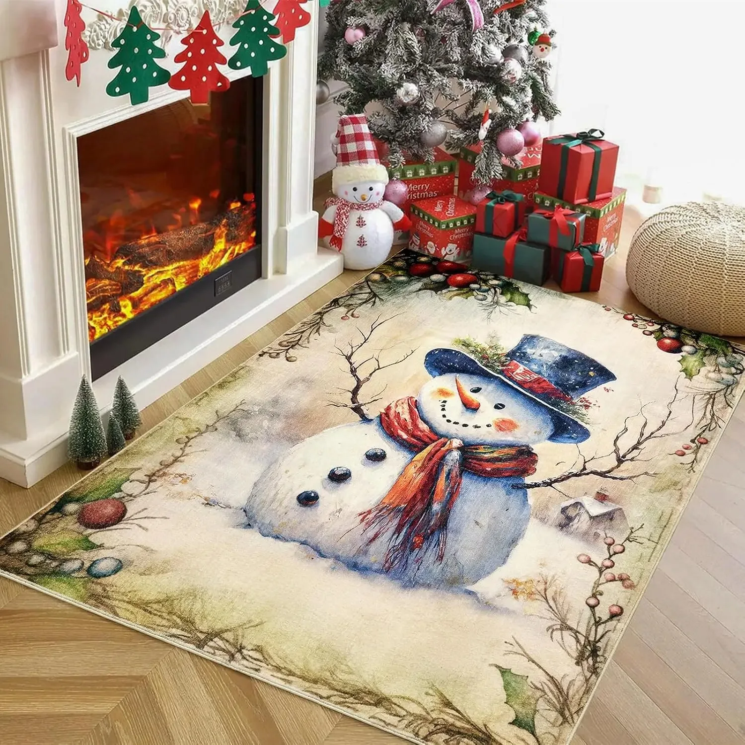 Resistant Ultra Thin Winter Snowman Holly Berry Rug Cute Festive Holiday Indoor Carpet for Living Room Bedroom Kitchen Dorm