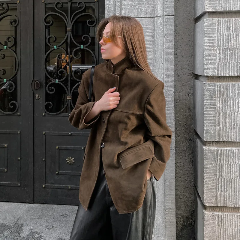 スエードカジュアルスーツジャケット女性のための無地ヴィンテージルーズラペル秋冬ファッションアウターシックなコート新着服