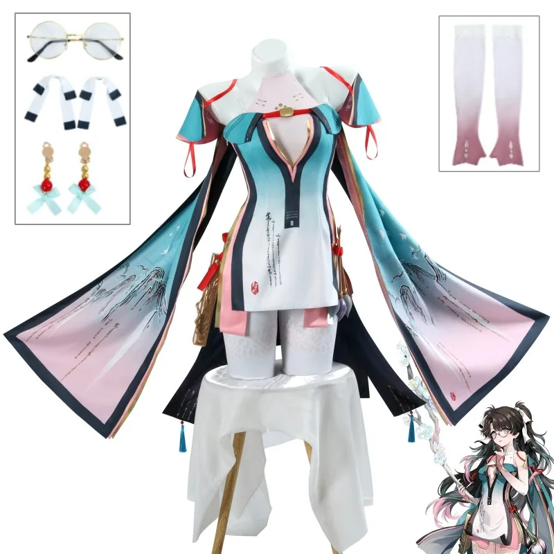 

Zhezhi Cosplay Costume Blue White Hanfu Style Dress Flowing Sleeves Pleated Skirt Waist Tassel Set For Women Halloween
