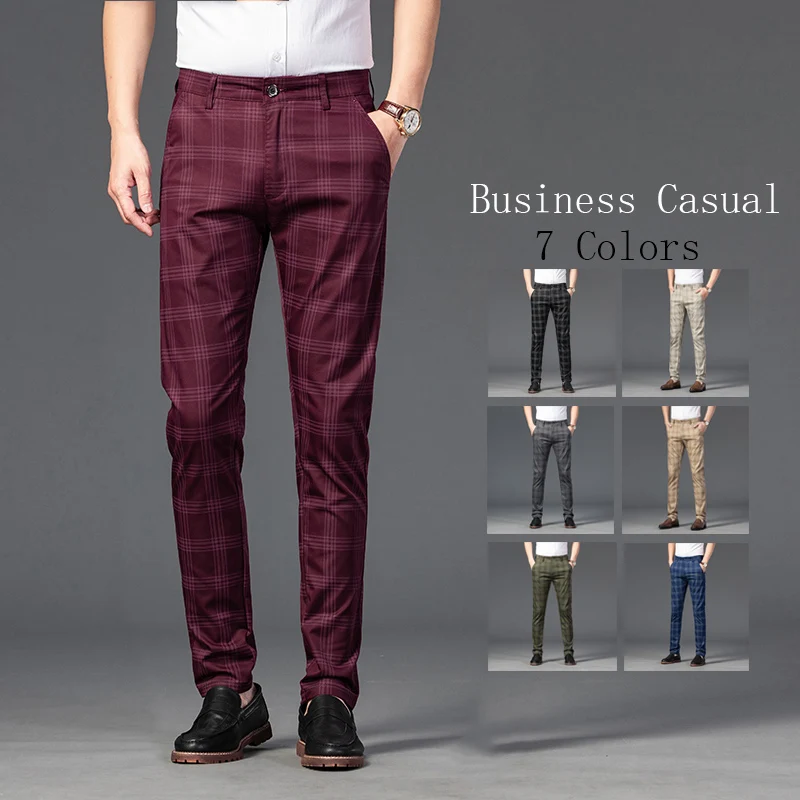 7 Colors New Fashion Casual Business Classic Work Stretch Comfort Trousers Mens Slim Cotton Plaid Pants Male Brand Clothes Pants