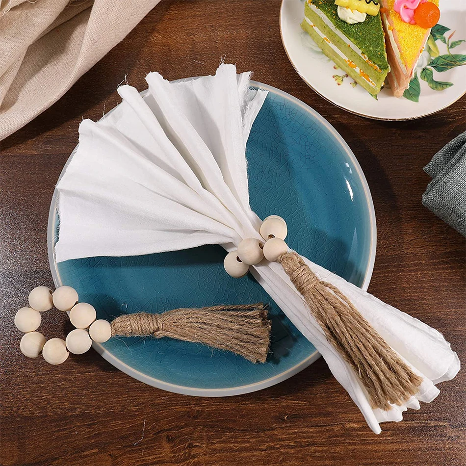 10 PCS Wooden Beads Napkin Rings Handmade Jute Tassel Rope Holder For Family Gatherings Accessories Dinner Cloth Napkins Decor