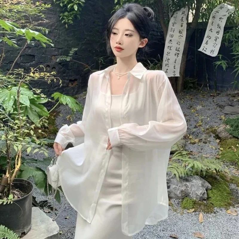 White Thin Shirts Women Long Sleeve Summer Sunscreen Side Slit Chinese Style Temper Elegant Aesthetics Fashion Casmisas Personal