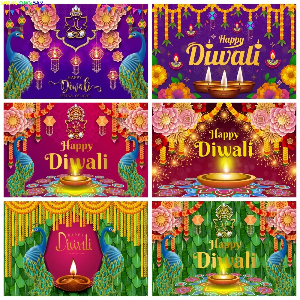 Happy Diwali Backdrop India Festival of Lights Peacock Diwali Photography Background Indian Deepavali Light Diyas Decor Supplies