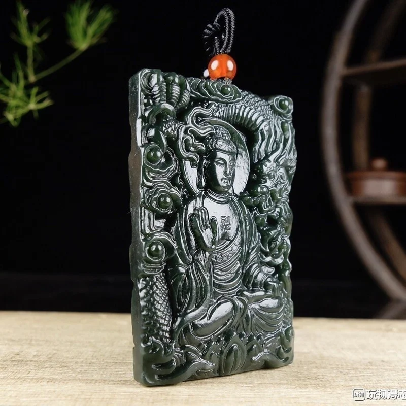 

Hotan Green Jade Great Pendant Double-sided Tathagata Buddha Subduing Men and Women
