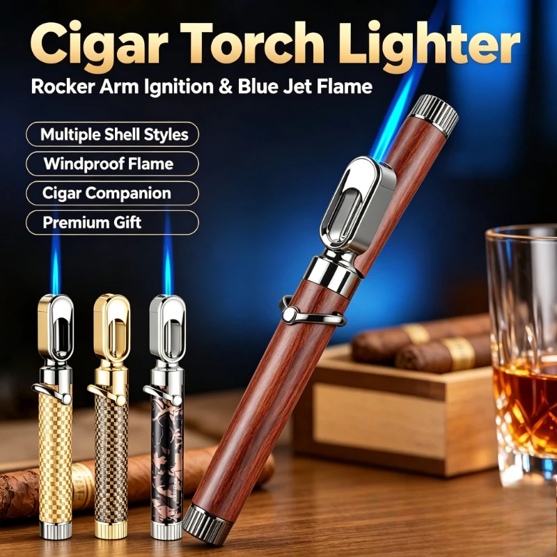 Creative Metal JOBON Cigar Igniter, Rocker Arm Ignition Blue Flame, Visible Gas Tank and Safety Buckle Portable Lighter