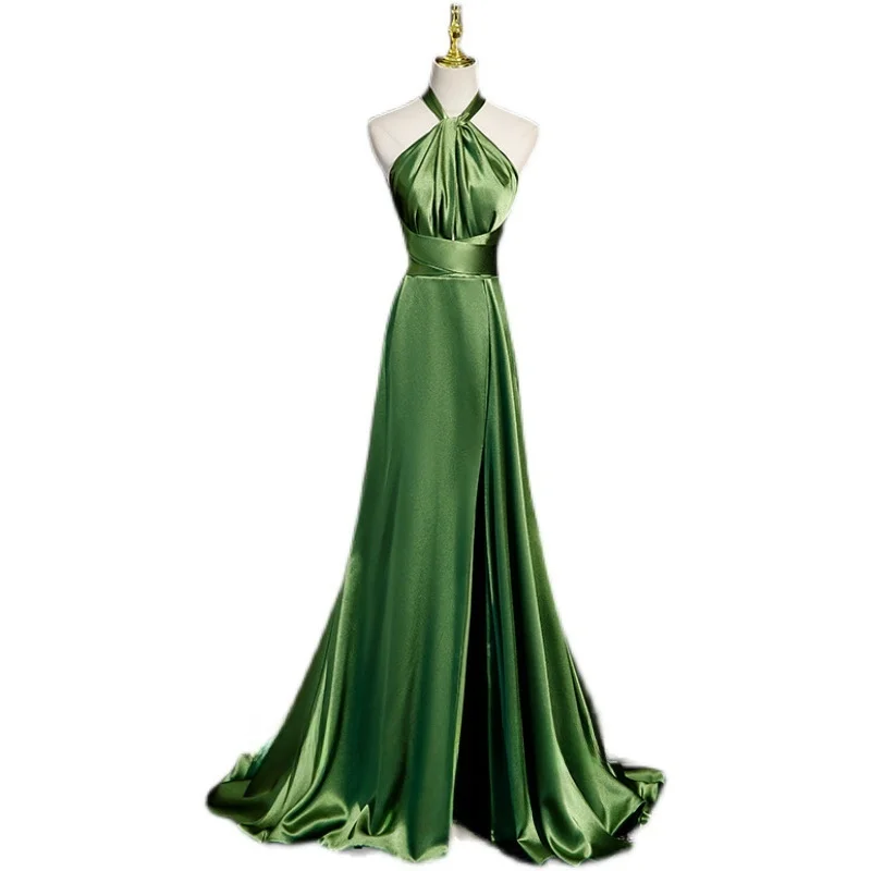 فستان سهرة أنيق باللون الأخضر 2025 جديد عالي الجودة بتصميم بسيط وأنيق لفستان المضيفات، إنتاج صيني، ألياف صناعية، خصر مرتفع