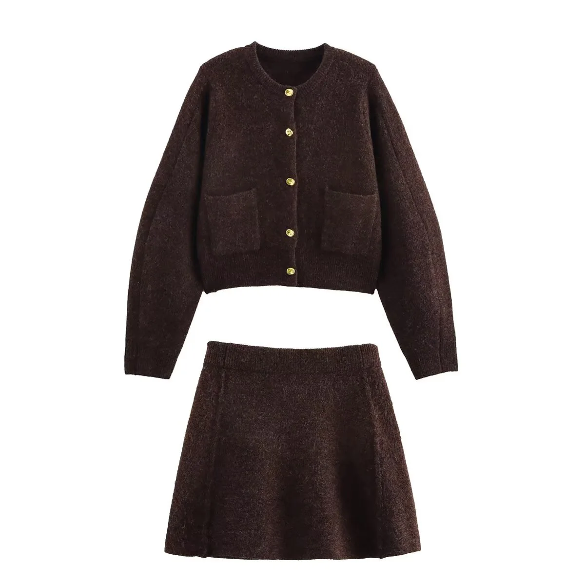 2025 Women's Euro-American Style Knit Suit - Gold Button Decor Jacket & Skirt, Elegant Fashion Foreign Trade Outfit