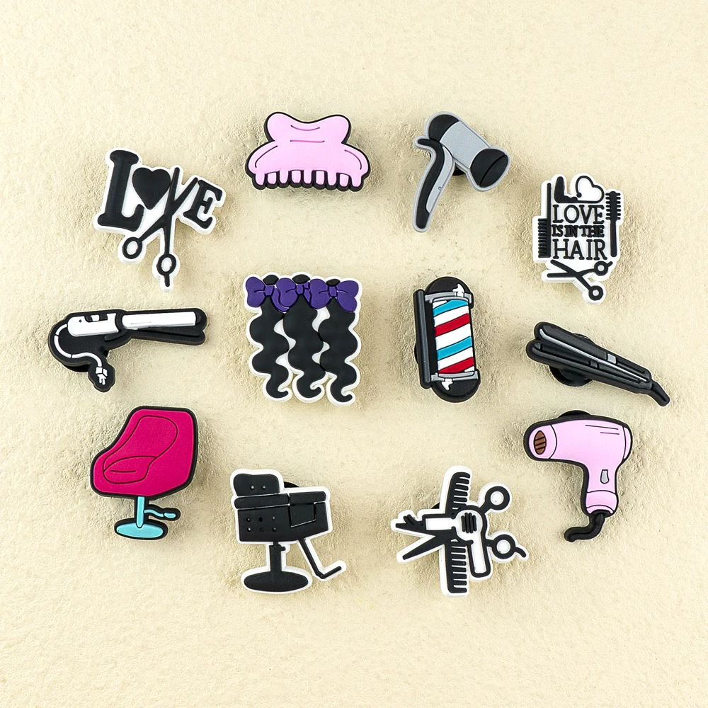 1/12pcs PVC Hairdressing Shoe Charms for Women Girl Pins Hairdryer Curling Iron Scissor Pins Accessories Shoe Decorations Buckle image 4