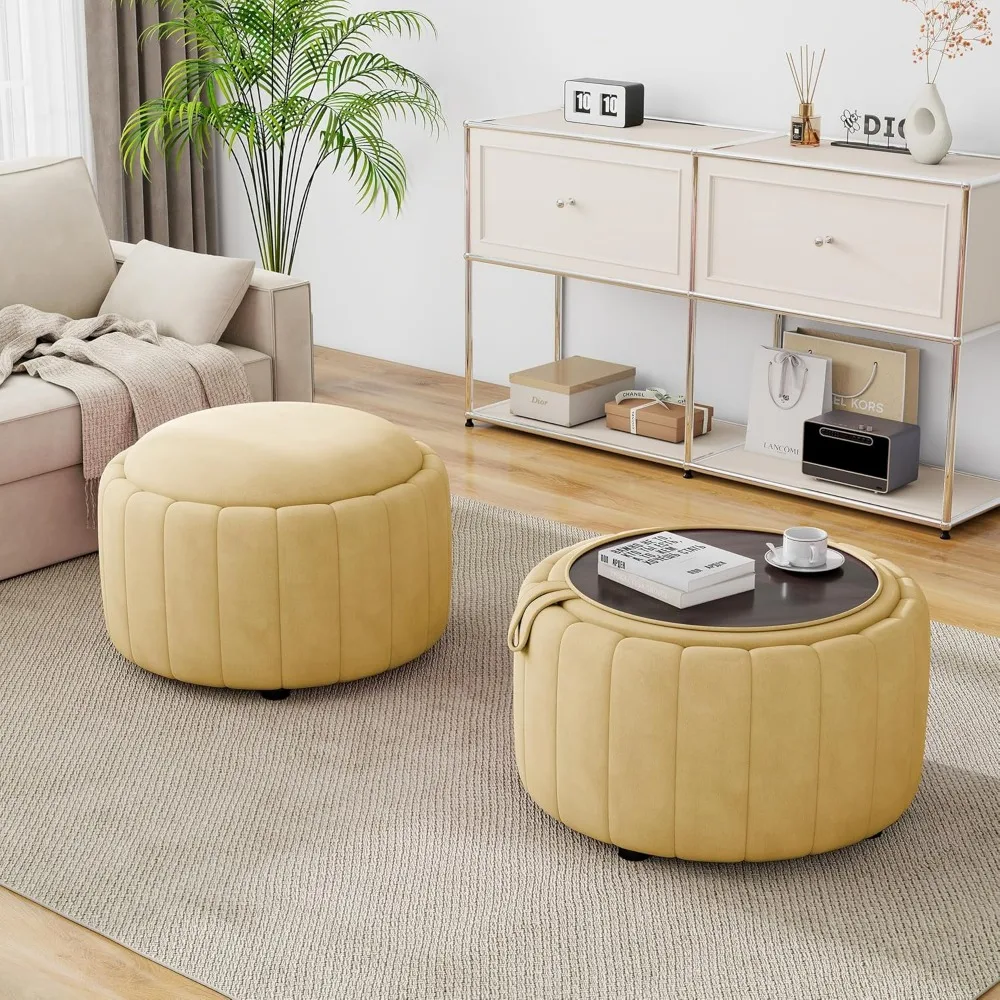 30-inch Round Velvet Ottoman with Flip Top Tray, Modern Storage Coffee Table for Living Room
