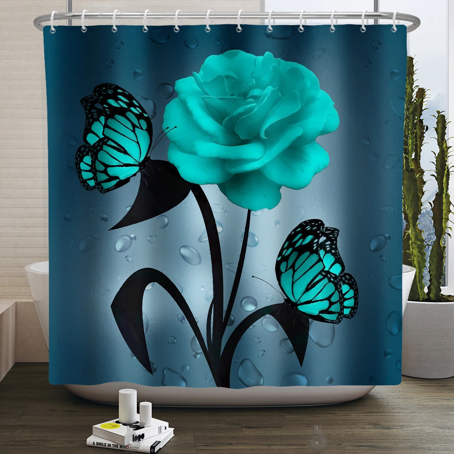 

Rose Butterfly Flower Print 3D Shower Curtains Luxury Waterproof Polyester Fabric Bathroom Bathtud Home Decoration with Hooks