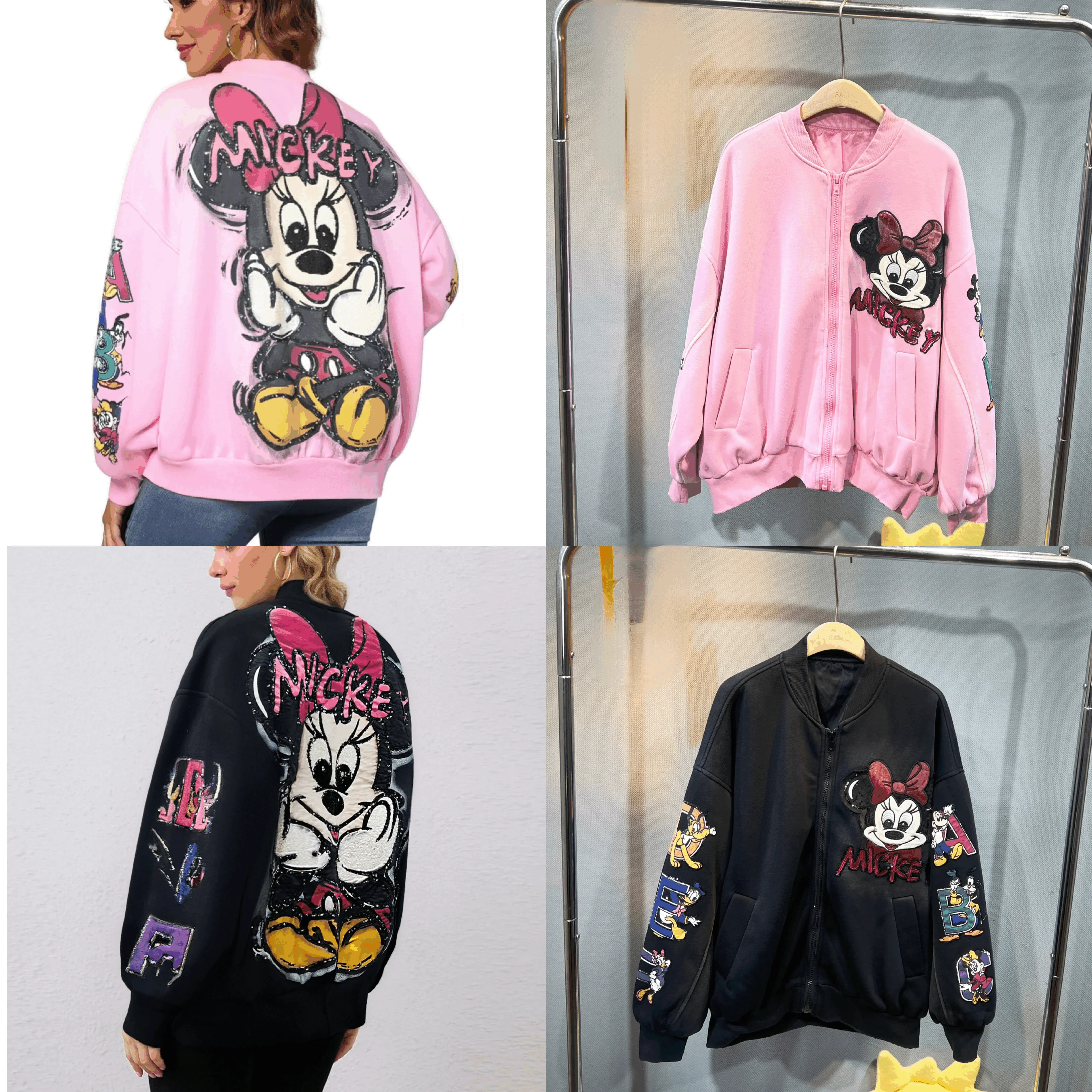 

European and American new Mickey cartoon printed loose jacket with heavy embroidery sequin design baseball uniform