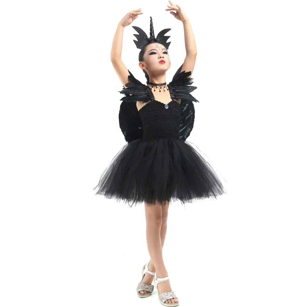 Black Dark Fallen Angel and White Guardian Angel Costume for Girls Kids Christmas Halloween Party Fancy Tutu Dress Up with Wings