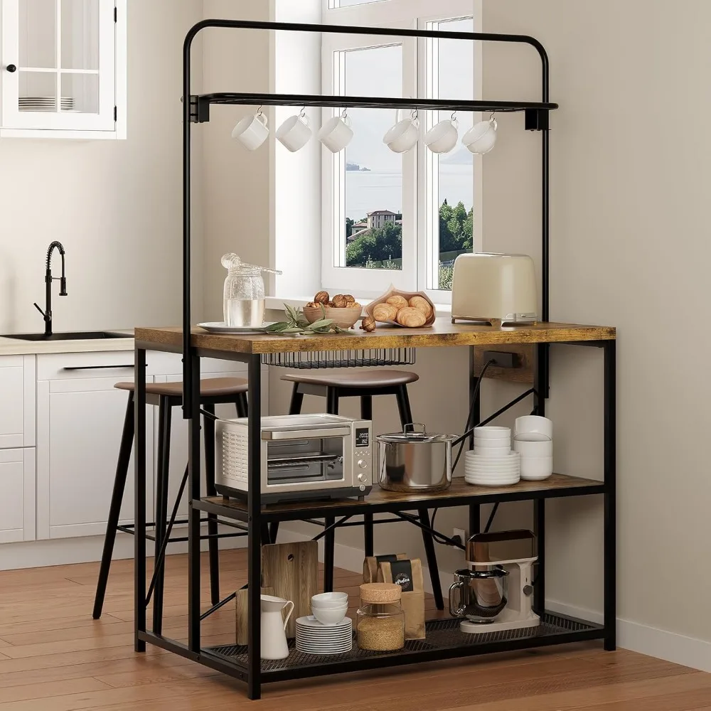 

Kitchen Island with Storage, 3-Tier Bakers Rack with Power Outlet, Microwave Stand with 8 Hooks, 1.2 Thickened Tabletop, Large C