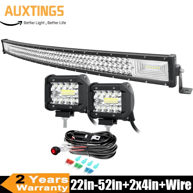 

22- 52in 270W-675W Off-Road Curved LED Light Bar with 2X 8D 60W Work Light Wire Kit 12V 24V Led Bar for Car SUV 4WD 4x4 ATV Boat