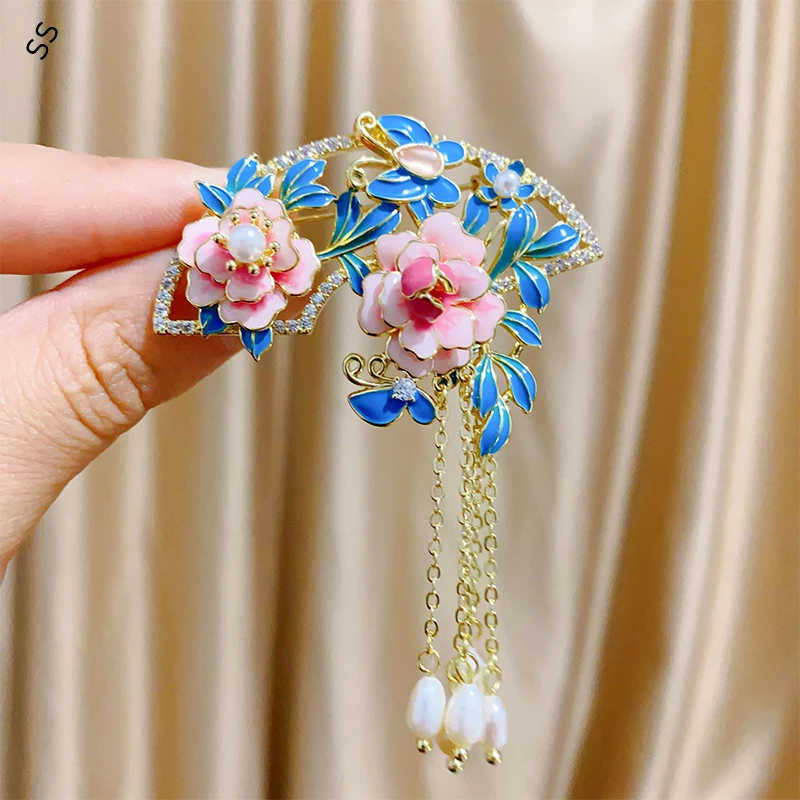 Chinese Style Ancient Silk Flower Peony Brooch Enamel Color Walking Fringe Corsage Accessories for Women's Cheongsam Hanfu