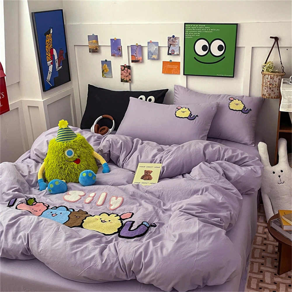 

Ins Cartoon Bedding Set Towel Embroidery Duvet Cover Queen Twin Full Size Bed Flat Sheet Quilt Cover Pillowcases for Girls Women
