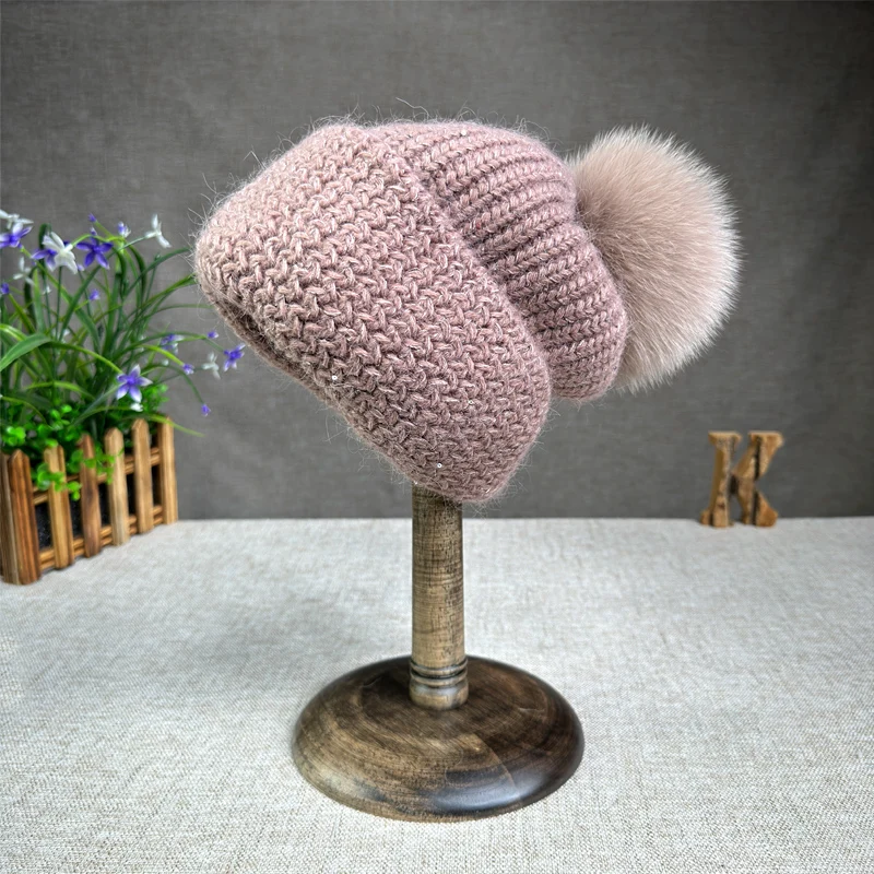 2024 High end big head circumference, small face, rabbit hair sequin knitted hat fox fur ball warm and loose stacking hat