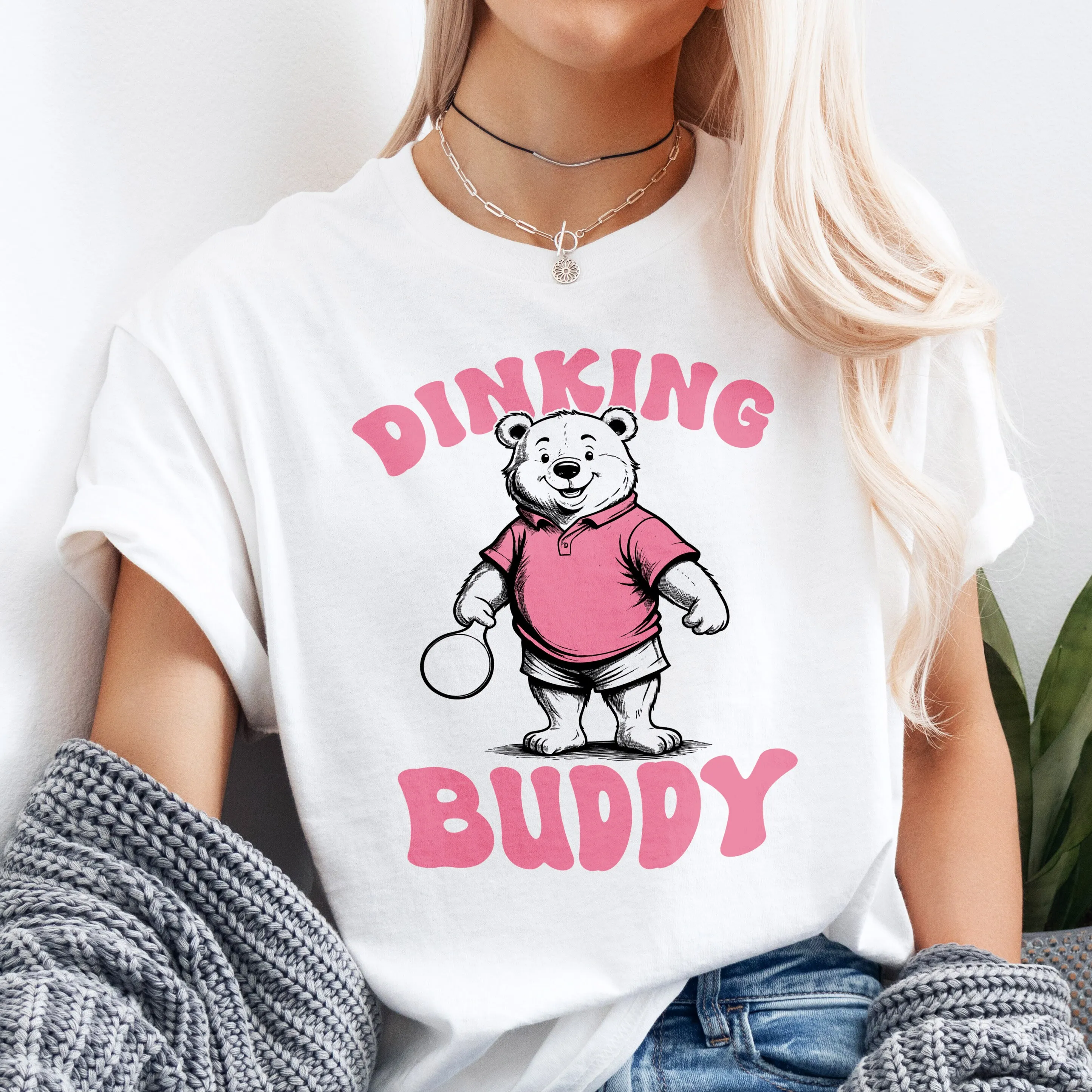 Dinking Buddy Funny Pickleball Pun T Shirt Cute Pickle Ball Playing Bear Great For Ladies Who