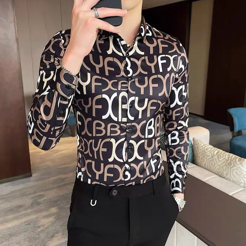 Men shirt long sleeve spring and autumn Korean fashion brand handsome letter printed shirts casual men's clothing coat