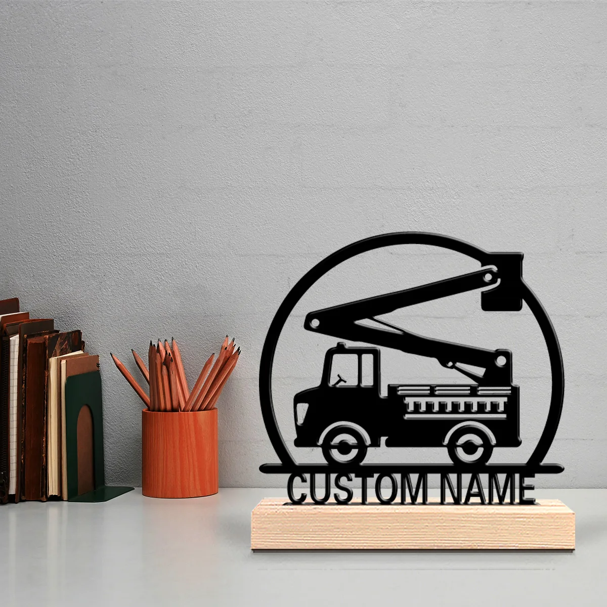 1pc Aerial work truck Custom Letter Metal Statue Art Figurine With Wood Base Tin Ornament With Wood Base For Children Gifts
