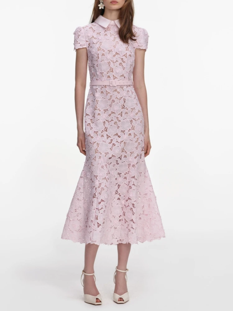 

Sexy Lapel Neck Hollow Out Flower Embroidery Midi Dress With Belt Women Blue Short Sleeves Floral Mermaid Dresses Evening Party