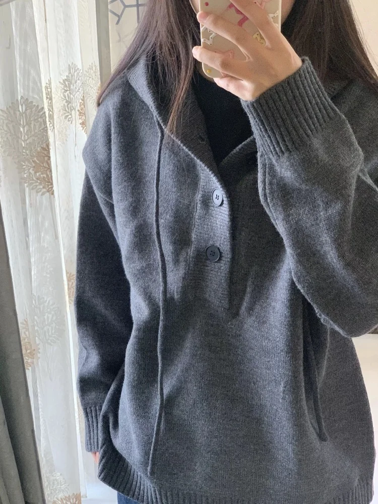 

Loose Fit Long Sve Knitted ay Hoodie Women's f Open Collar Cardigan Outerwear Casual Sle Spring Autumn Hat