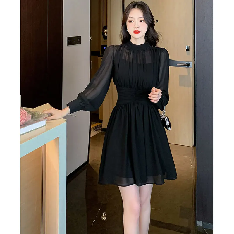 Elegant French Mesh Black Mini Dress Women Retro Hollow Out Long Sleeve A Line Dresses Solid Chiffon Even Party Sundress Vestido