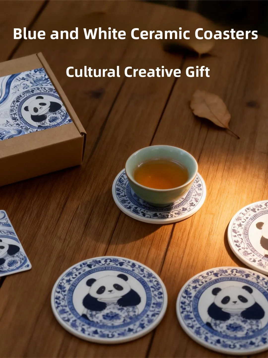 New Chinese Style Ceramic Blue Patterned Cup Mat Cultural Creative Panda Tea Tray Mat Gift Box Cartoon Element Song Yuan Period